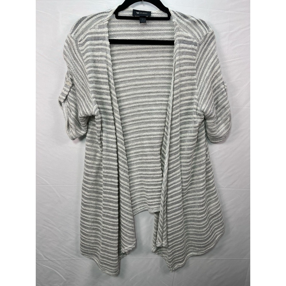 AB Studio Womens Grey White Striped Open Front Cardigan Sweater Size M Roll Tab‎